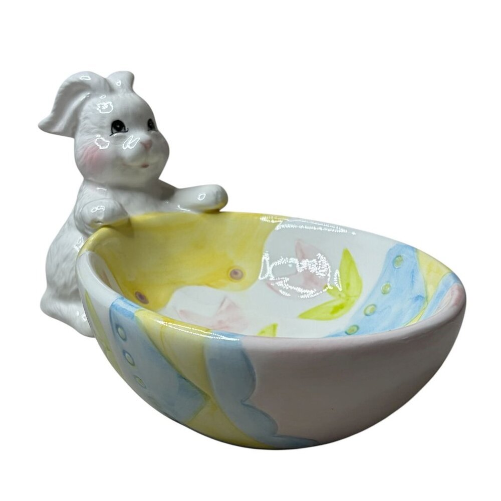 VTG CYRAO Ceramic Easter Bunny Candy Dish Hand Painted Pastel Egg Bowl